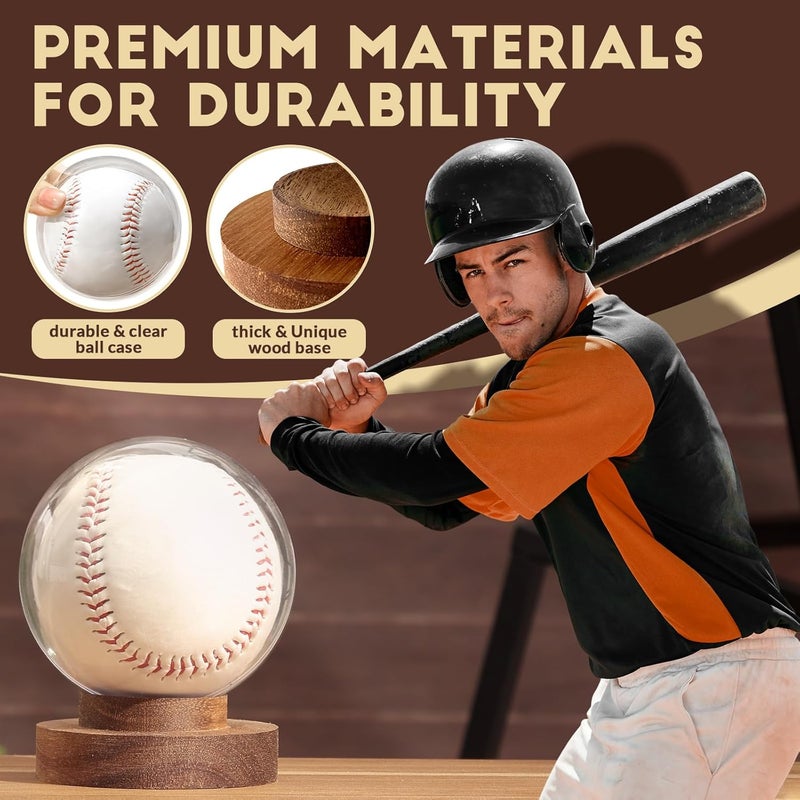 JupDec Baseball Display Case, Round Clear Ball Holder with Wooden Base, Autograph Baseball Stand Box for Single Ball, Acacia Wood, Brown - Image 3